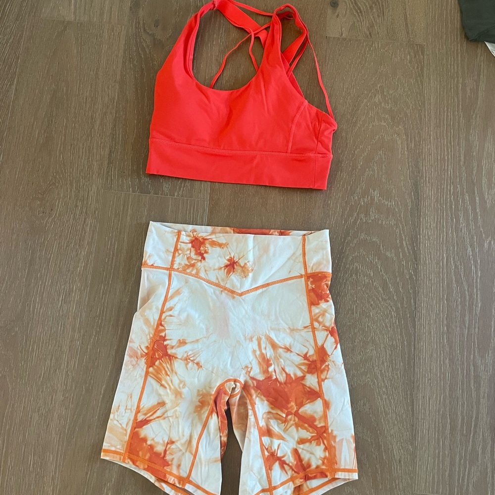 Vitality (Balance) Red Sports Bra and Orange Tie-Dye Shorts Set